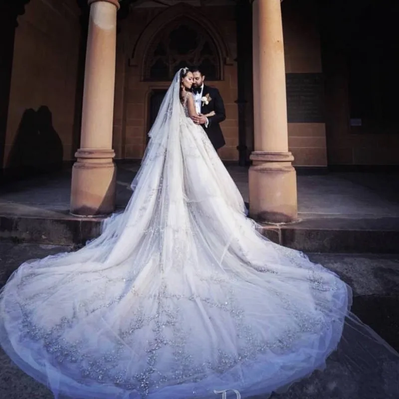Роскошное свадебное платье со шлейфом для собора Дубай Арабский Vestido De Noiva Винтажное с отделкой бусинами аппликации свадебное платье для принцессы