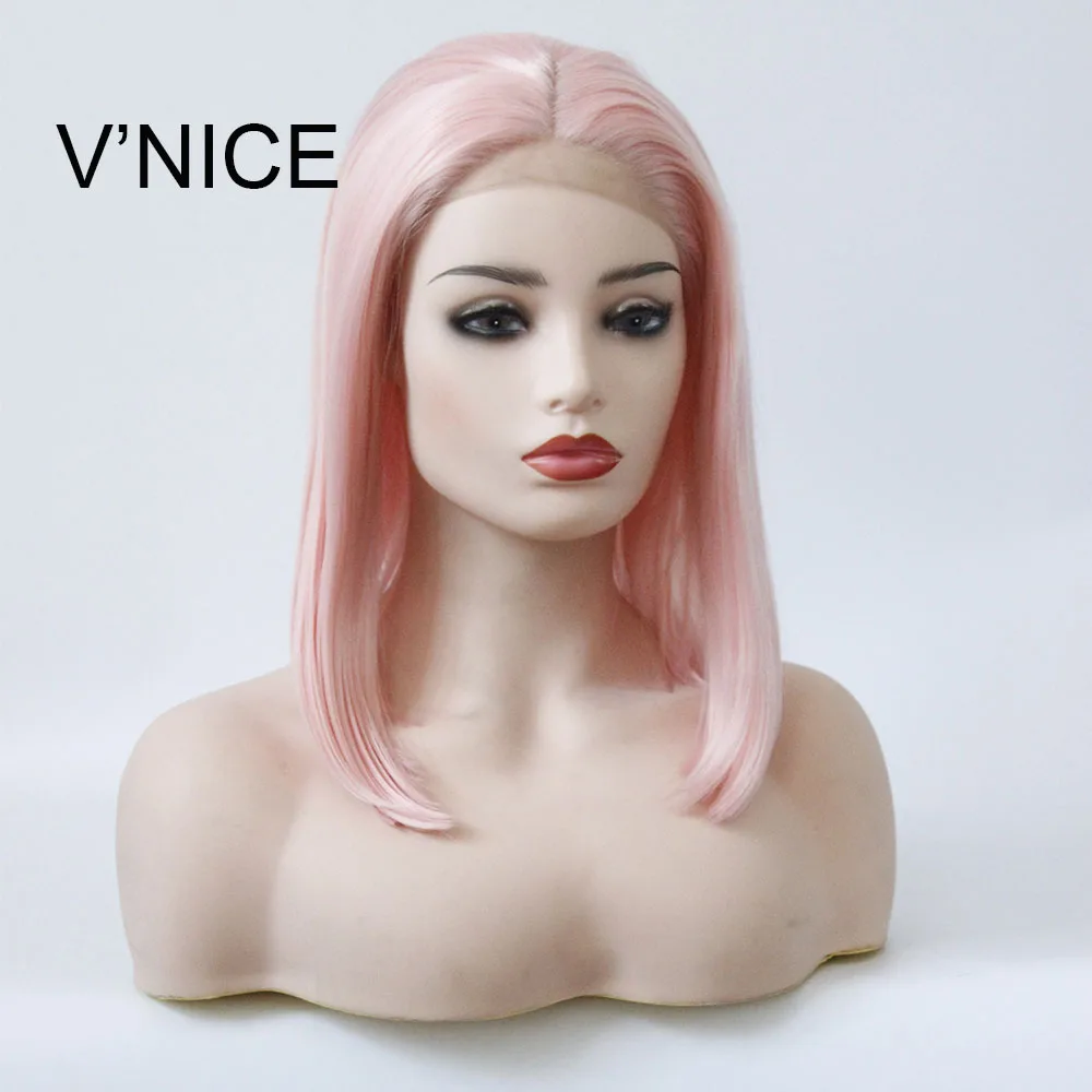 V'NICE Короткие натуральный Боб светло розовый цвет бесклеевого синтетический Синтетические волосы на кружеве парики для черный Для женщин