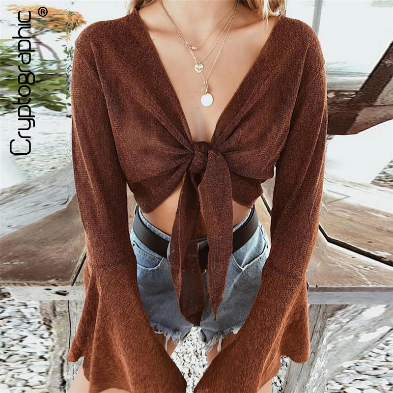 Cryptographic Fashion V neck brown blouse shirt bow sexy crop top short blusas 2018 autumn cropped top women blouses clothes Cryptographic Fashion V neck brown blouse shirt bow sexy crop top short blusas 2018 autumn cropped top women blouses clothes