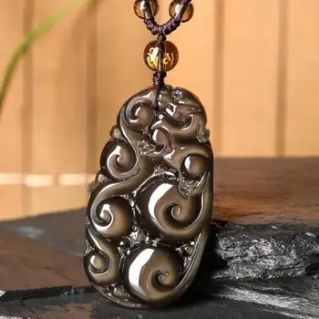 

Koraba Fine Jewelry Chinese Natural Color Obsidian Hand Carved Dragon Lucky Pendant+Beads Necklace Free Shipping