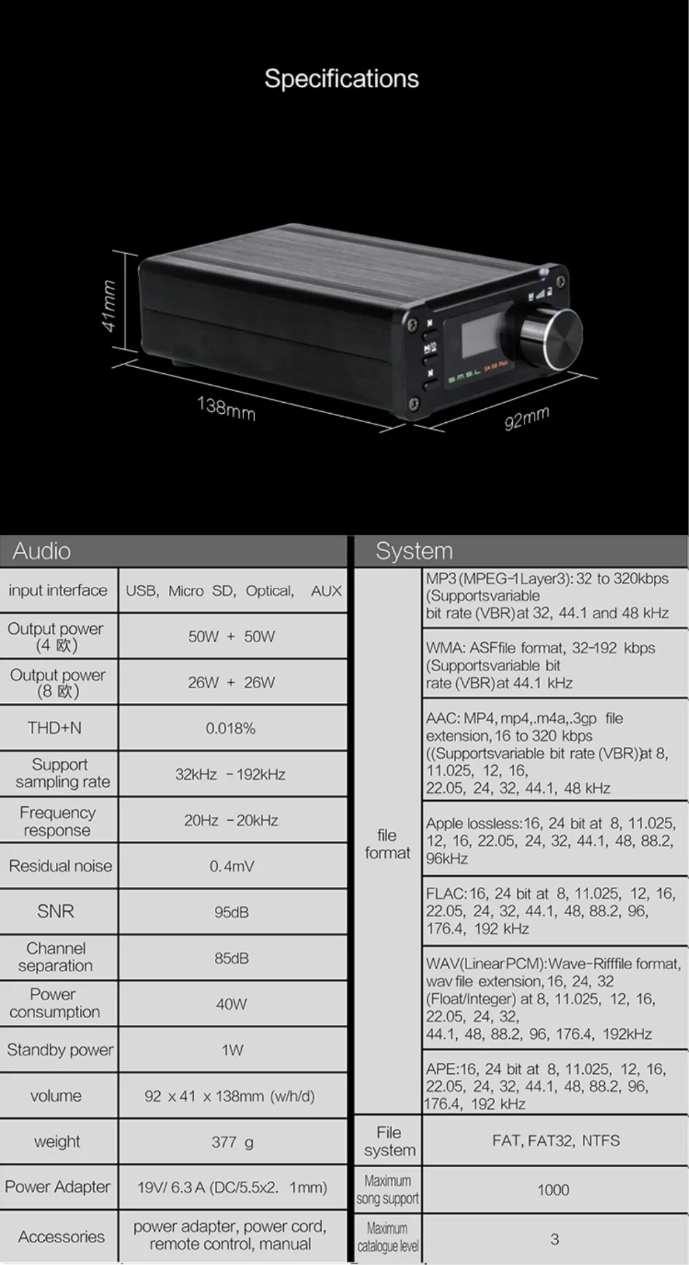 SMSL SA-50 PLUS HiFi 50 Вт 192 кГц/32 бит мини настольный плеер и усилитель поддержка AUX/оптический/USB/Micro SD вход