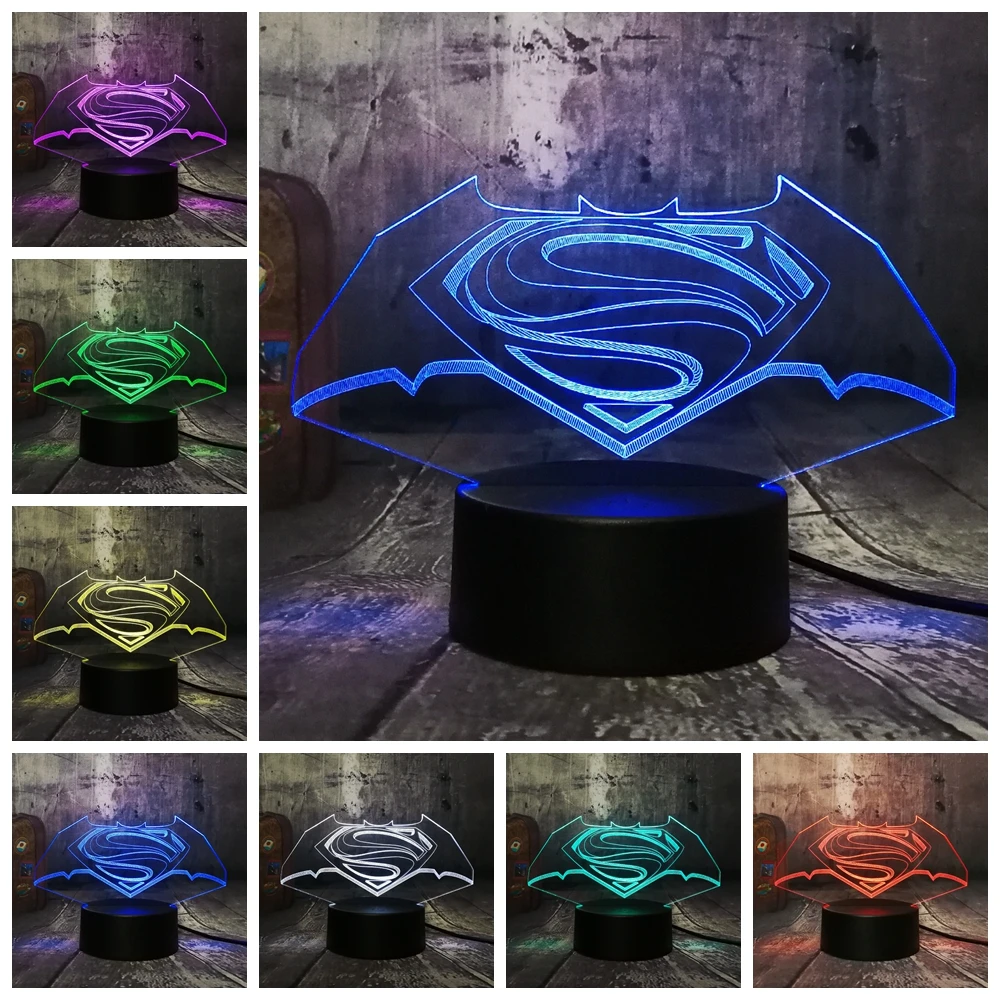  Cool 3D LED DC Superman Batman Logo Symbol Night Light Desk Table Lamp 7 Color Change Flashlight US