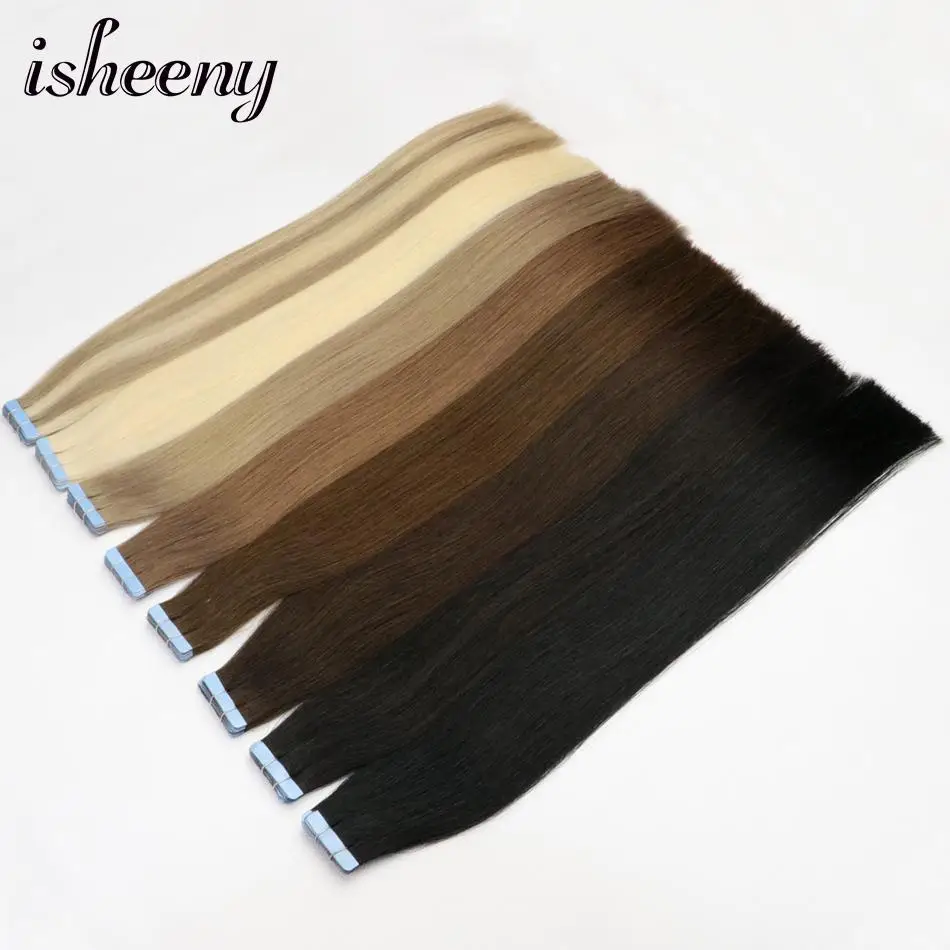 

Isheeny Tape In Human Hair Remy 16" 18" 22" Adhesives Seamless Double Drawn Hair On Glue Tape 20pcs