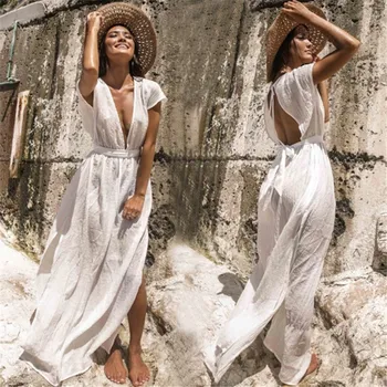 

(Test products, please do not buy) Deep V Neck Beach Dress Side Split Backless Boho Dresses White Cotton Cover-Ups Long Dress