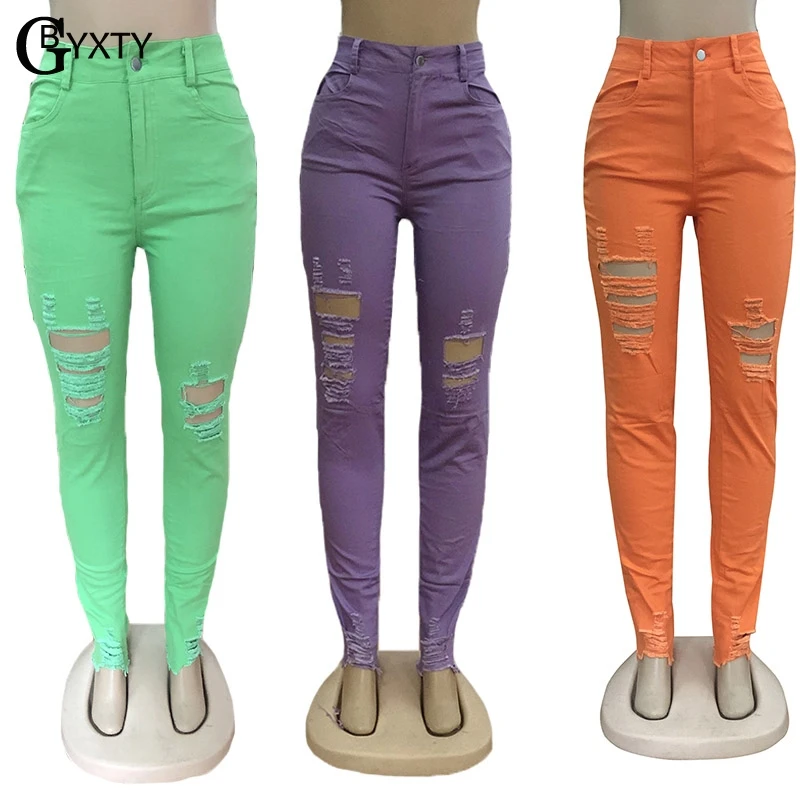 GBYXTY неоновые цветные джинсы Mujer, рваные с дырками, зауженные джинсы для женщин, джинсы скинни с высокой талией, джинсовые брюки-карандаш, брюки ZL242