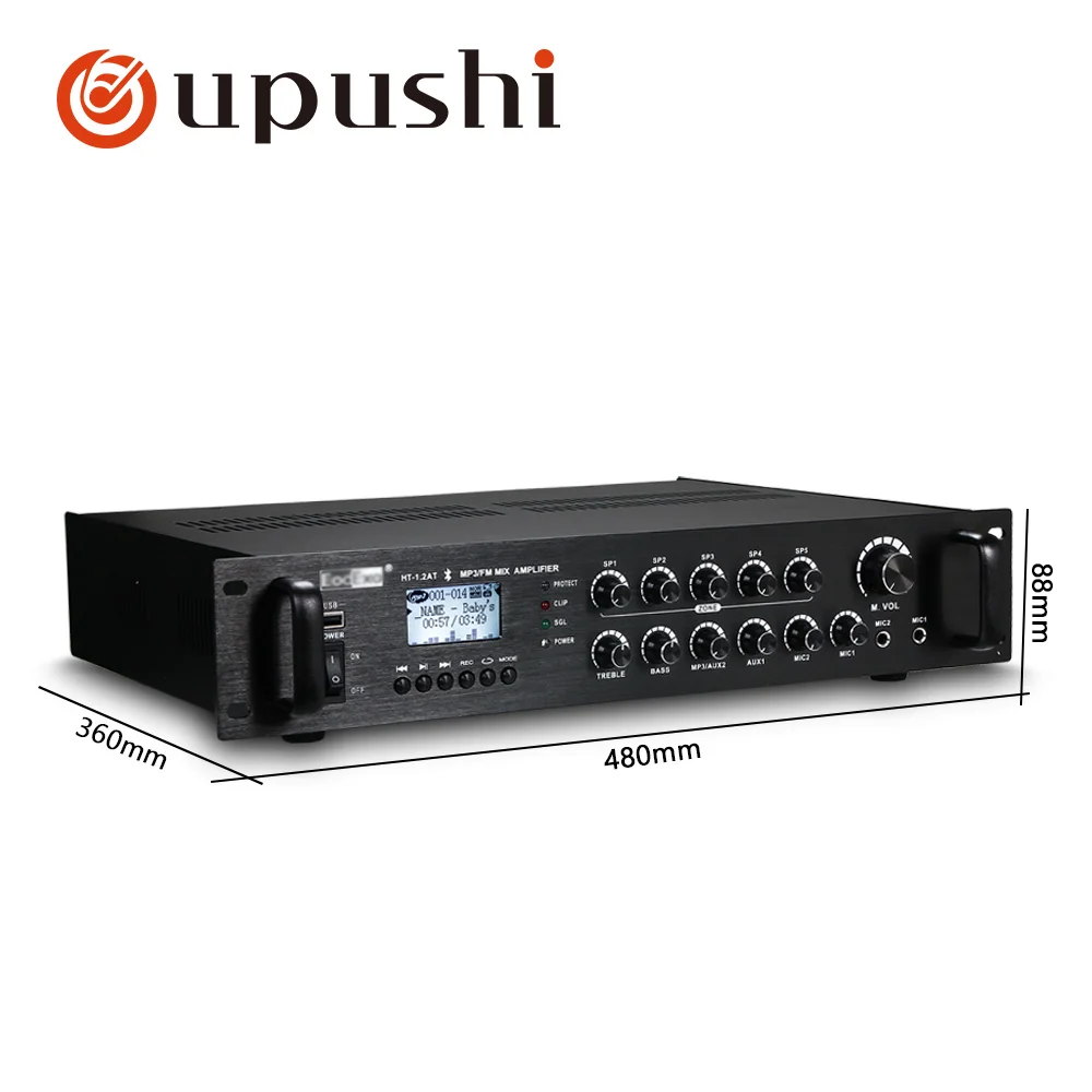 Oupushi bluetooth amplifier audio 120W 240W 360W USB SD card power amplifier 5 zone mixer digital stereo mplifier with speakers