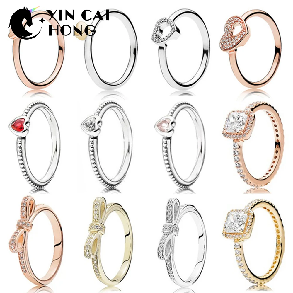 

YCH 100% 925 Sterling Silver Heart Ring 14K Golden Rose Gold Series Shiny Bow Ring Puzzle Heart Shaped Shining heart Ring
