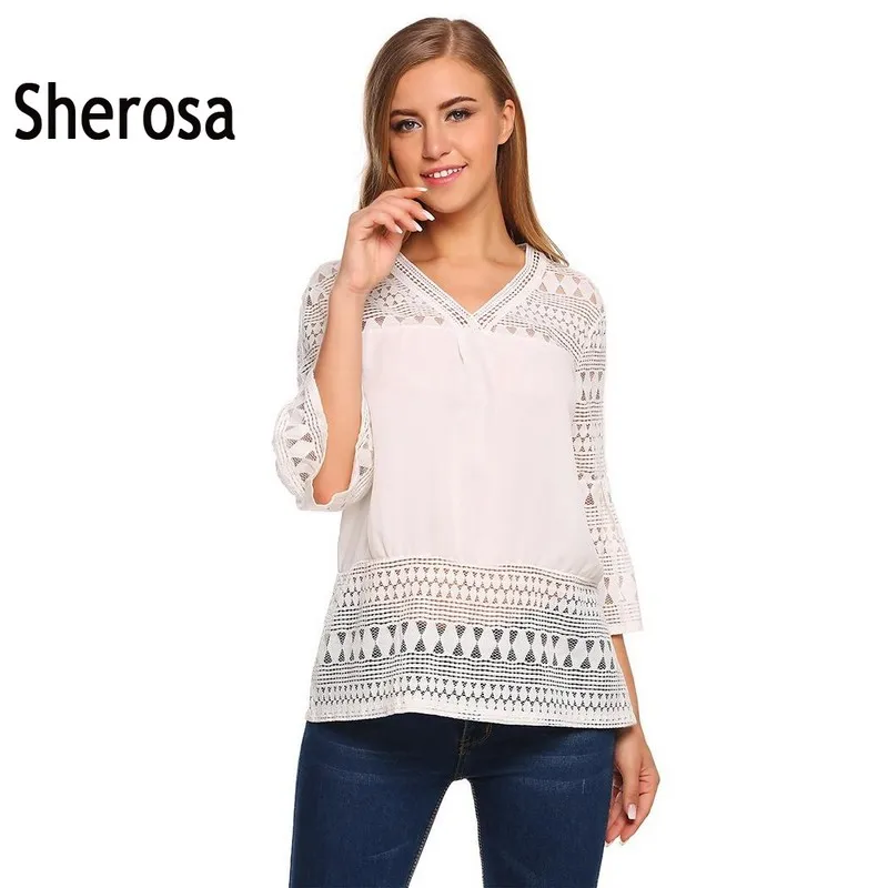 Sherosa Women 3/4 Sleeve Chiffon Blouse Summer V Neck Lace Patchwork