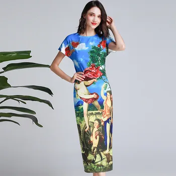 

2019 summer runways diamonds pencil dress Fashion print elegant vintage dress A285