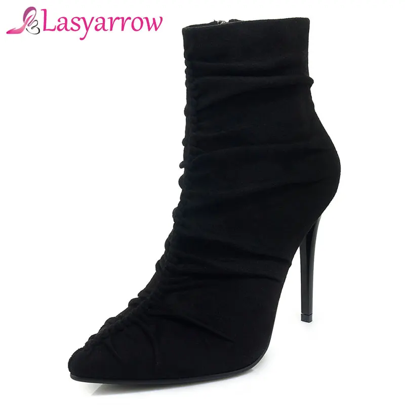 

Lasyarrow Zipper Botas Femininas Thin High Heels Pointed Toe Ankle Boots For Women Fashion Pleated Sexy Stiletto Pump Boots F696