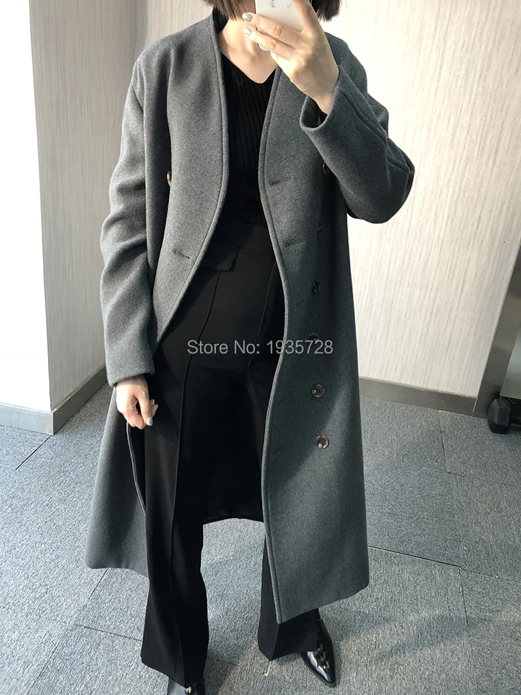 Шерстяное серое/черное пальто со спущенным плечом и стоячим воротником-женское двубортное пальто с круглым силуэтом