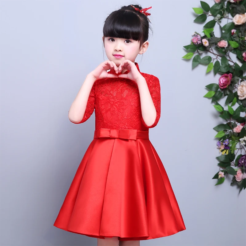 

Chinese Style Traditional Red Color Dress For Girls Children Kids Cheongsam Lace Dresses Baby Princess Wedding Birthday Dresses