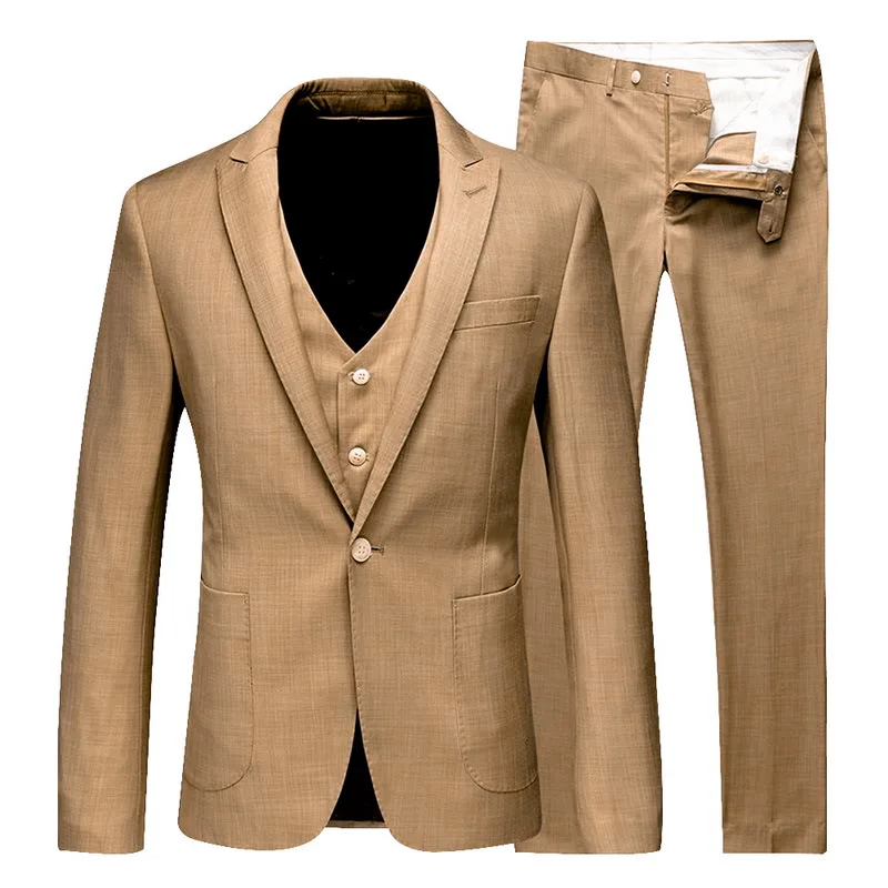 Oeak, роскошный Мужской приталенный модный Блейзер, набор из 3 предметов, костюм, новинка, однотонный жилет на пуговицах и брюки - Color: Khaki