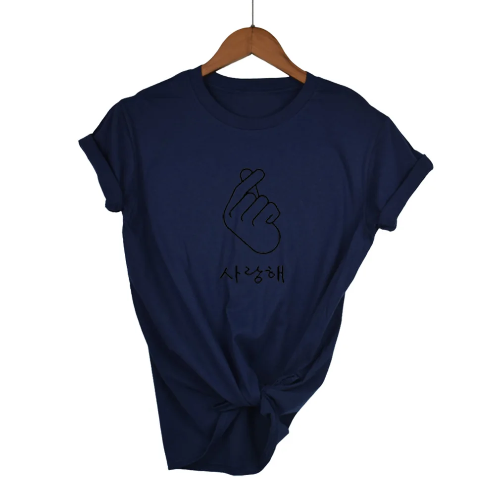 Корейская футболка с надписью «Finger Heart I Love You» Hangul, хипстерская женская футболка с коротким рукавом и принтом, летние женские топы, женская футболка - Цвет: Navy Blue-B