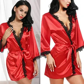 Mode femmes soie Satin Robe Lingerie vêtements de nuit peignoir Bandage Sexy dentelle v-cou filles Robes d'été
