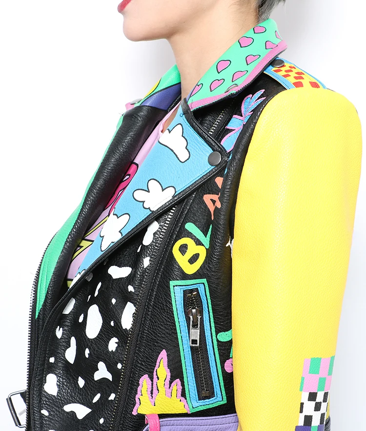 NiceMix Роскошная весенне-осенняя женская короткая куртка из искусственной кожи с разноцветным принтом, пальто, Женский моторный Байкер, куртка, лучший подарок