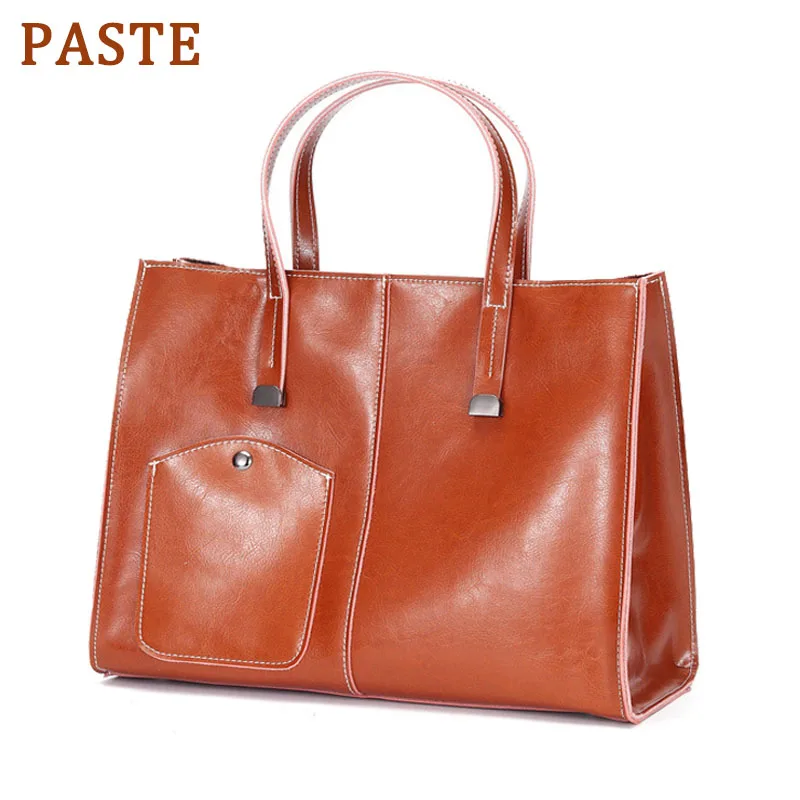 

PASTE 100% Genuine Leather Handbag Large Capacity Women Shoulder Bag Retro Tote Purse High Quality Hobos Brown Shopping Bags