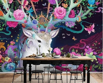

beibehang Custom Vinyl wall modern beautiful hand drawn fantasy elk flower peony wallpaper background wall papers home decor