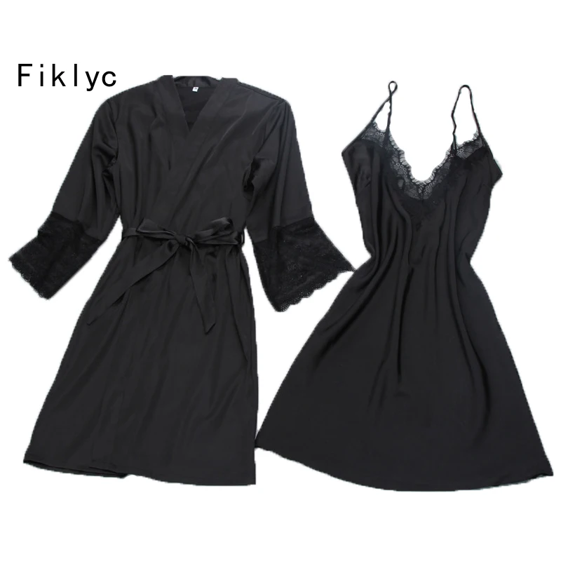 Prezzo Fiklyc di marca delle donne sexy dell abito dell abito set twinest accappatoio + mini vestito da notte a due pezzi degli indumenti da notte delle donne di sonno set di seta del faux