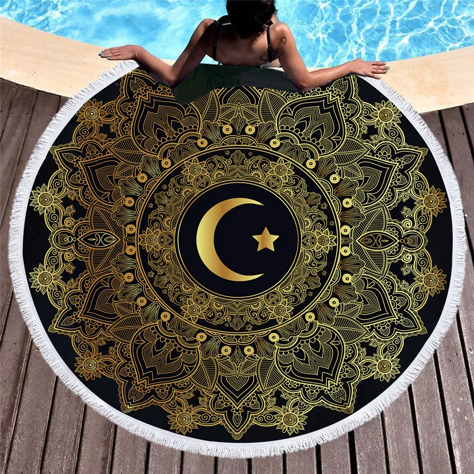 

Beach Cover Up Yoga Blanket Mandala Moon Print 150cm Round Microfiber Tassel Towel Bath Shawl Thick Picnic Mattress Wall Hanging