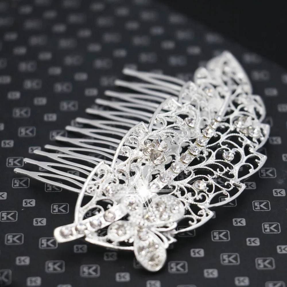 Trendy Hairwear Flower Crystal Wedding Tiara Handmade Silver Plated Leaf Bridal Hair Comb Fashion Jewelry Accessories Ornaments | Украшения