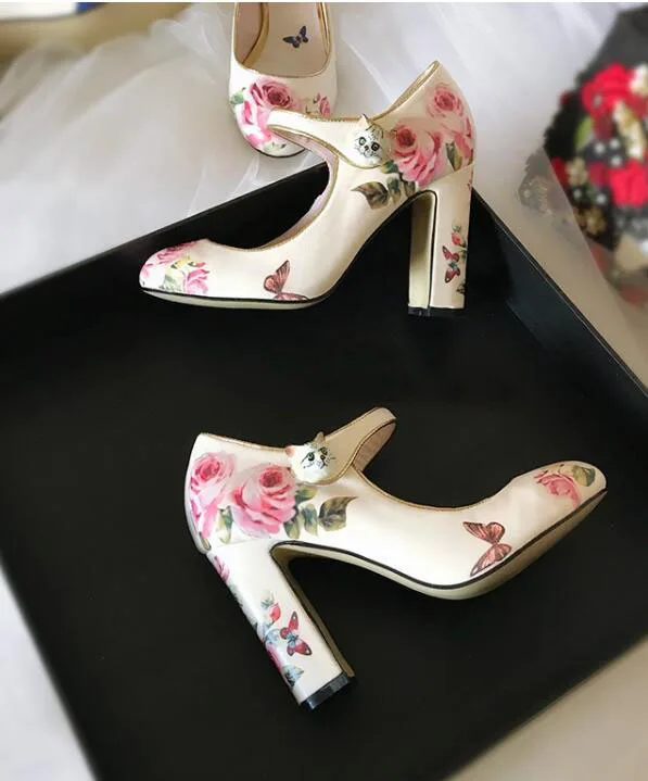 SHOOEGLE/модные женские туфли-лодочки mary jane с цветочным принтом свадебные туфли на высоком каблуке с круглым носком и цветочным принтом свадебные туфли на каблуке с ремешком «рюмочка»