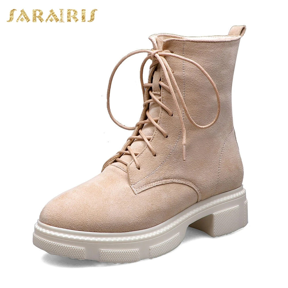 

Sarairis New Fashion Ankle Boots Ladies Chunky Heels Cross Tied Solid Shoes Woman Casual Party Ol Autumn Winter Boots Women