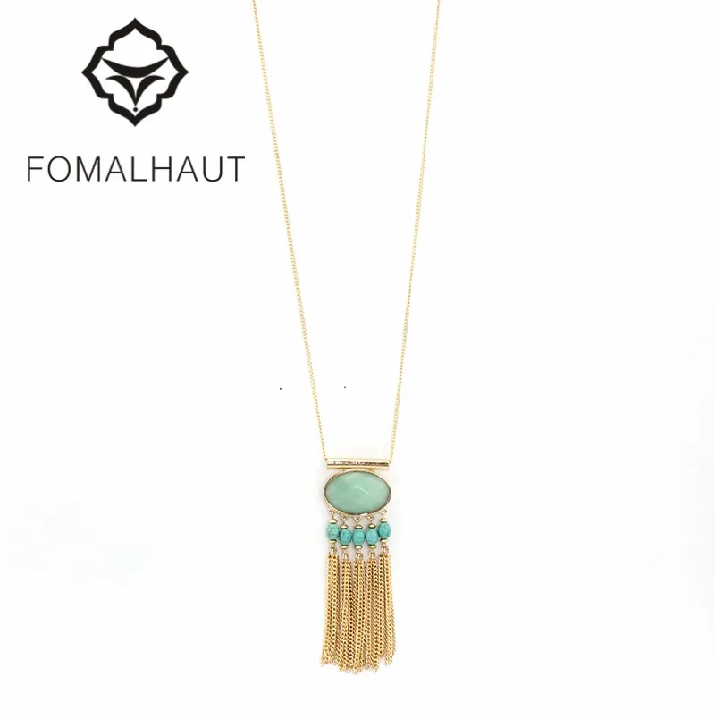 

FOMALHAUT Oval greenstone inlay Pendant Long Statement Necklace Women 2016 Fashion BX-030