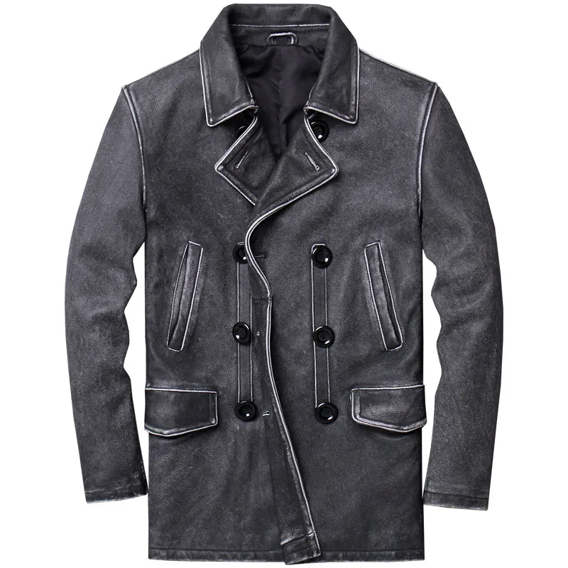 

2019 Vintage Black Men Long American Casual Style Pea Coat Plus Size 5XL Genuine Cowhide Slim Fit Winter Natural Leather Coat