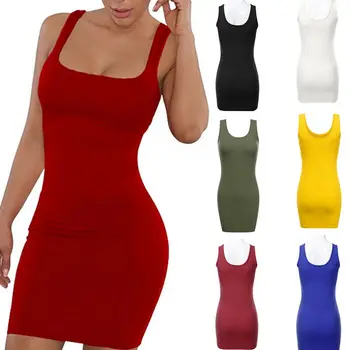 

Ladies Evening Party Slim Solid Color Dresses Women Summer Sexy Sleeveless Bodycon Short Mini Dress