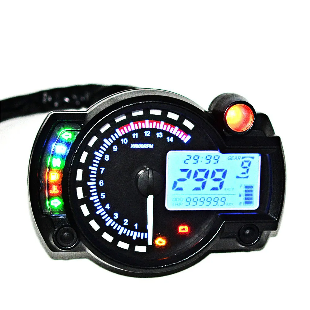 

15000 RPM Meter Motorcycle Digital Speedometer Tachometer Odometer LCD Fuel Gauge DC 12V MAX 299KM/H 7 Color Adjustable