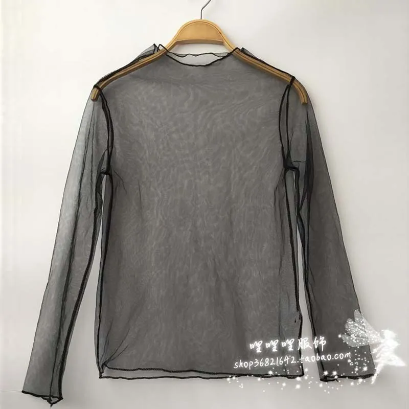 

Women Sexy Solid Mesh Tops See Through T Shirt Spring Summer Hollow Out Long Sleeve Transparent Undershirt Base Top Femininas