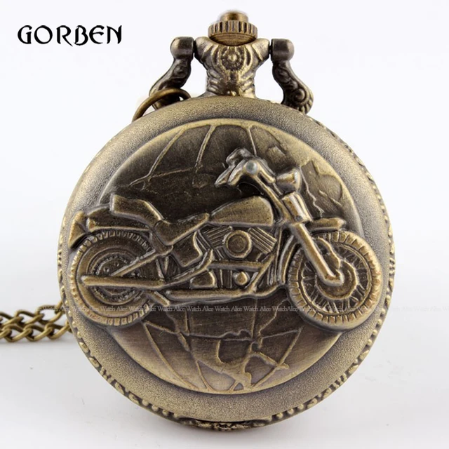 Bronze Motorcycle Pocket Watch Necklace Pendant Chain Vintage Motorbike MOTO Qua Bronze Motorcycle Pocket Watch Necklace Pendant Chain Vintage Motorbike MOTO Qua