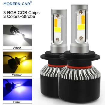

MODERN CAR H7 H11 H3 H8 9005 3Colors+Flash Strob RGB LED Headlamp Bulb COB 6000K White Blue Amber Headlights 72W Fog Light Bulbs