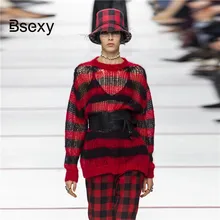 Autumn Women Oversized Sweater 2019 Runway Streetwear Loose Mesh knitted Shirt Lazy Oaf Striped Pullover Sweaters