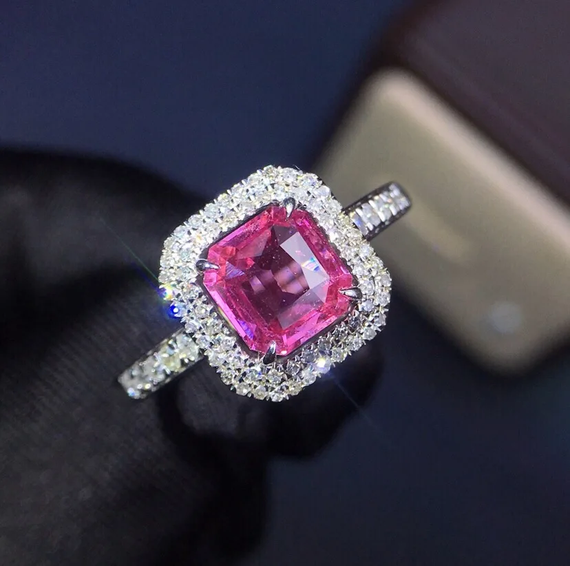 

Fine Jewelry Real 18K White Gold 100% Natural Unheat Padparadscha Sapphire Gemstones Pink Sapphire Diamonds Female Wedding Rings