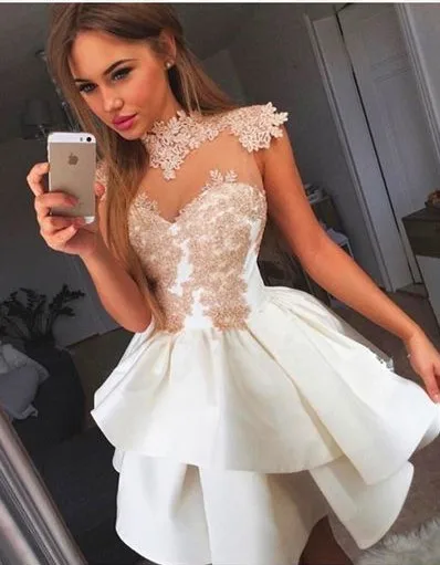 

Beautiful High Neck Lace Applique Tiered Satin Homecoming Dresses 2019 Sleeveless Party Dresses vestidos de graduacion