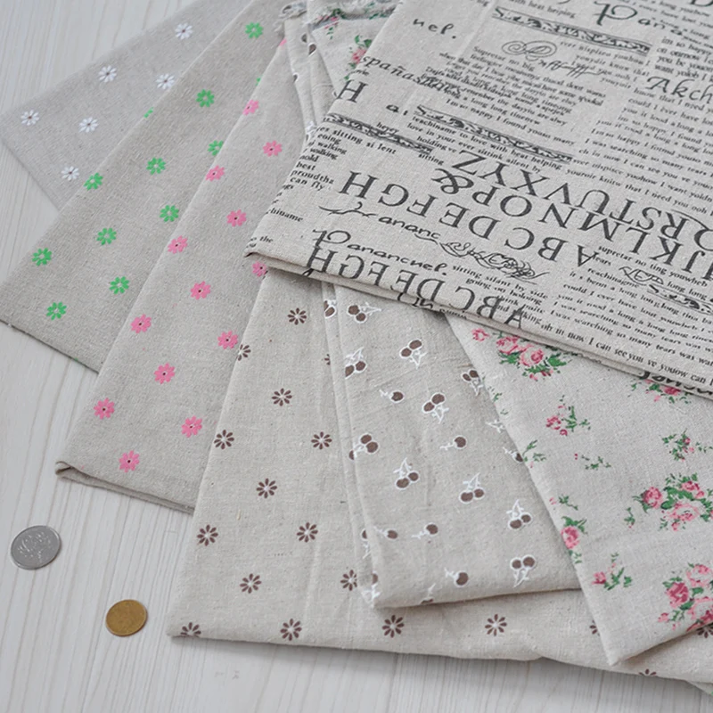 7pieces natural linen fabric square DIY craft fabric 50cm*50cm/piece daisy/cherry/newspaper/rose design free shipping B2017999