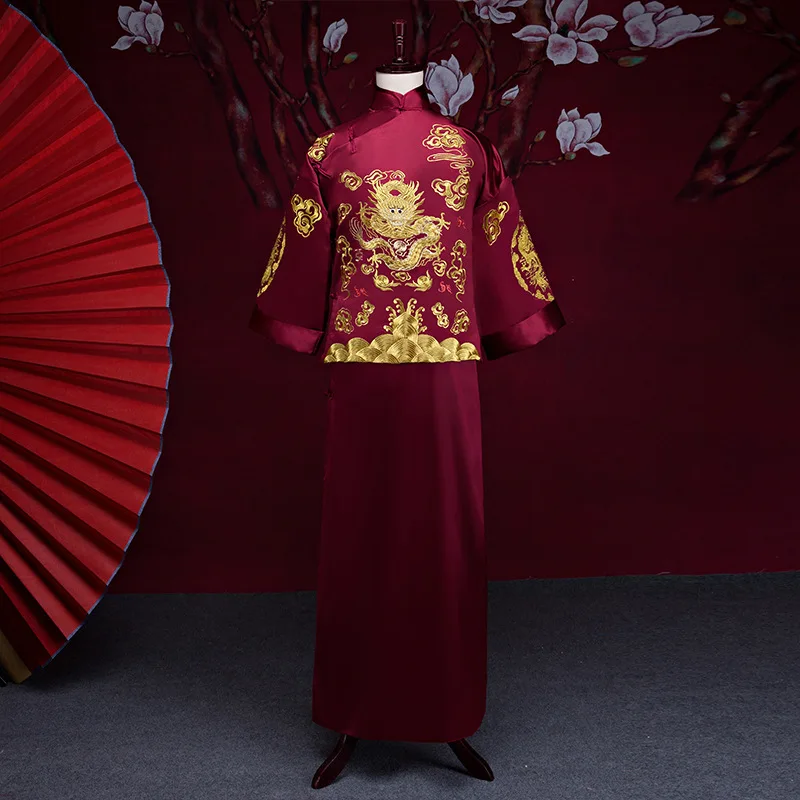 Новое поступление мужской cheongsam китайский стиль костюм жениха платье куртка длинное платье Традиционный китайский торжественное платье