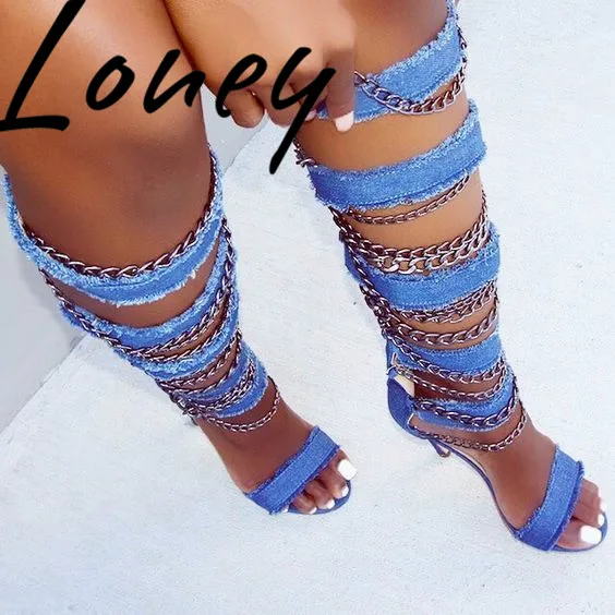

Loney New Spring Summer Sexy Cut Out Metal Chian Knee HIgh Sandals Open Toe Zip Side Denim Thin HIgh Heel Sandals Shoes Women