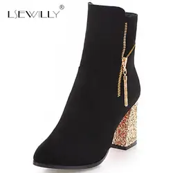 Lsewilly/новые стильные зимние женские ботильоны женские с острым носком обувь на квадратном каблуке на платформе сапоги на высоком каблуке