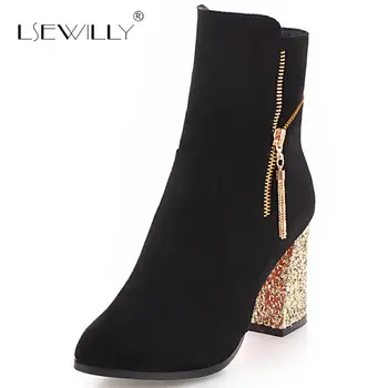 

Lsewilly New style winter women ankle boots lady solid pointed toe square heel platform high heel boots Big size 33-43 S815