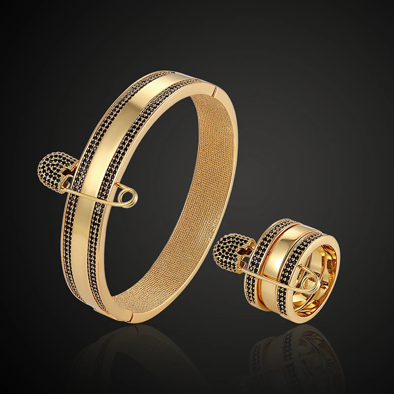 

Lanruisha luxury zircon micro pave setting bangle with rings for women jewelry set return pattern bracelet of fashion jewelry