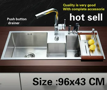 Cheap Free Shipping Household Standard Push Button Drainer Kitchen Manual Sink Double Groove 304 Stainless Steel Hot Sell 96x43 CM