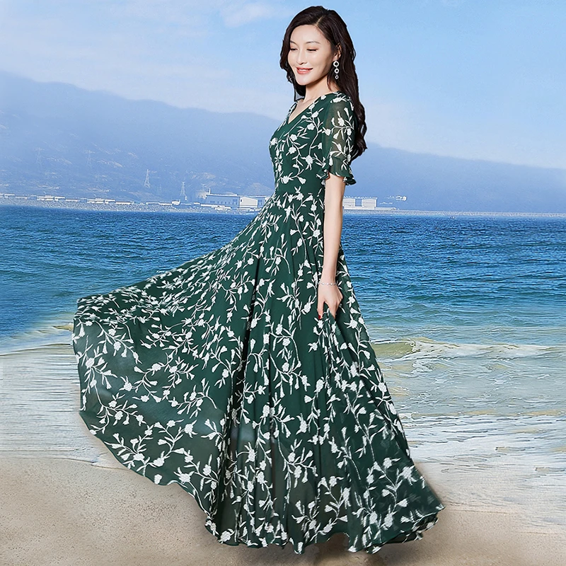 السيدات الأزهار طباعة Flowy فساتين فستان صيفي النساء ماكسي فستان الشمس حزب الإناث طويلة فساتين Vestidos