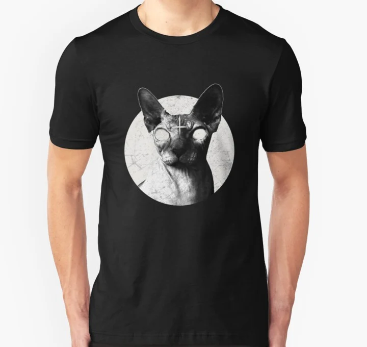 

Men Short sleeve tshirt Black Metal Sphynx Cat Goth Death Metal T Shirt Hell Rock T Shirt Women t-shirt