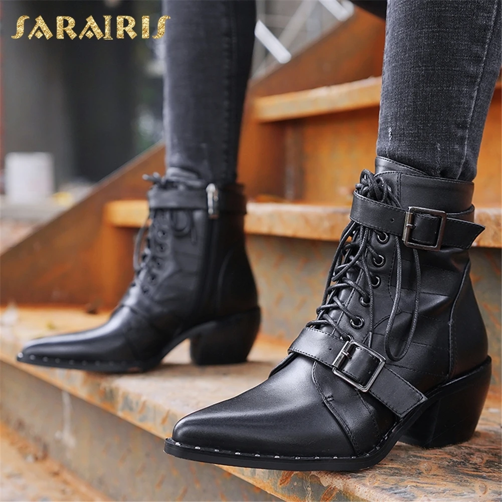 

SARAIRIS 2018 Cow Leather Large Size 34-42 Dropship Pointed Toe Chunky Heels Boots Woman Shoes Ankle Boots Shoes Woman
