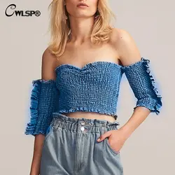 CWLSP 2018 летняя новая футболка женская сексуальная с коротким рукавом обрезанный Женский Топ сплошной синий с джинсовой отделкой QZ2901