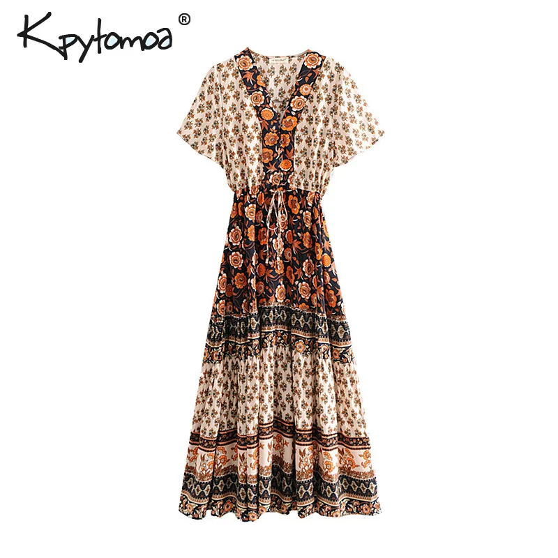 

Boho Chic Summer Vintage Floral Print Long Dress Women 2019 Fashion V Neck Drawstring Pleated Beach Dresses Vestidos Mujer