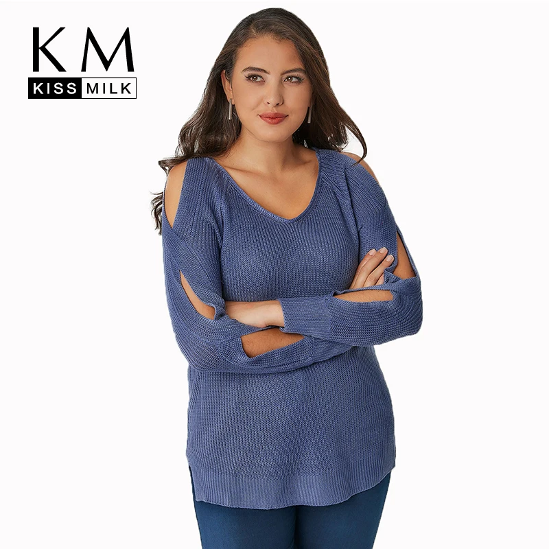 Kissmilk Plus Size Women Hollow Out Blue Scoop Neck Sweater 2018 Autumn New Arrival Solid Casual Pullovers Sweater for Female Kissmilk Plus Size Women Hollow Out Blue Scoop Neck Sweater 2018 Autumn New Arrival Solid Casual Pullovers Sweater for Female